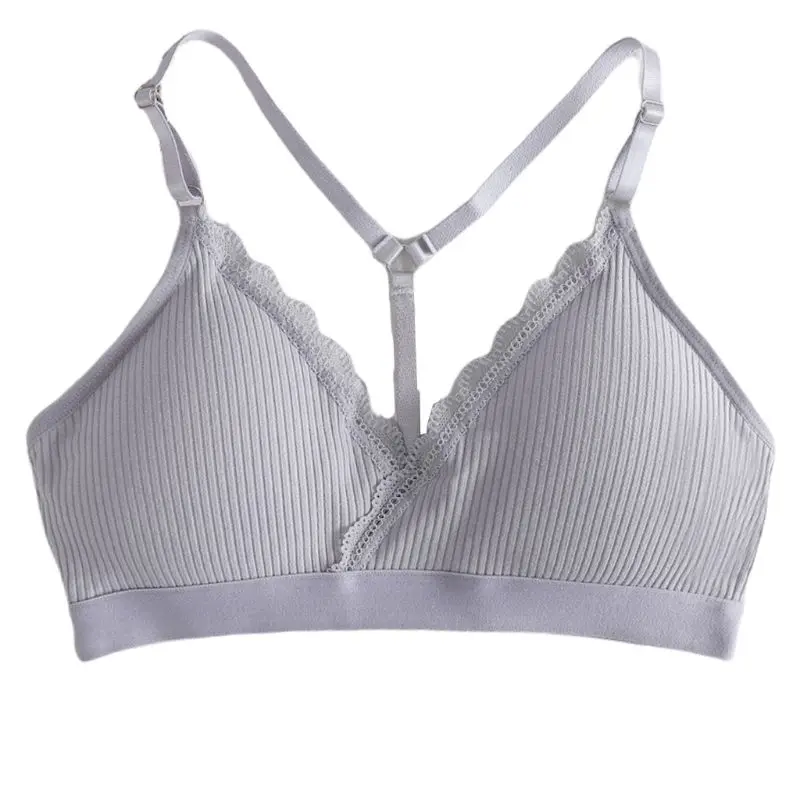 Women Wireless Sports Bra Padded Y-Back Lace Bralette V-Neck Ribbed Underwear X3UE