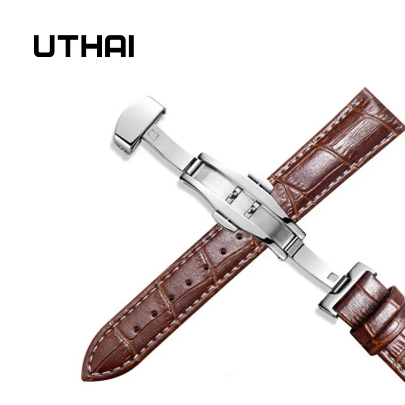 Brown white line UTHAI Z09 Ремешки для наручных часов из натуральной кожи 12-24 мм Универсальные часы с бабочкой и пряжкой стальной ремешок с пряжкой браслет+ инструмент - Цвет ремешка: Brown white line