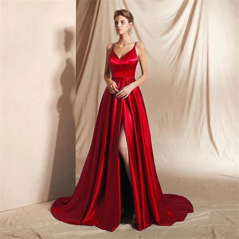 

Beauty-Emily Elegant Sling V Neck Evening Dresses Satin Sleeveless Split Formal Dress Simple A-Line Party Gowns Tailing Vestido