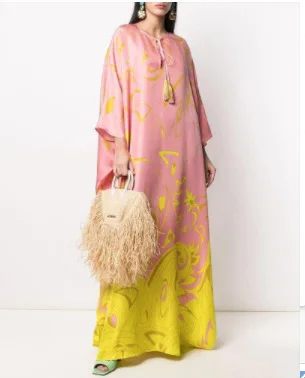 

Vintage print oversized dress kaftan moroccan Hawaiian 3/4 sleeve v neck loose asymmetrical maxi dress,african dresses for women