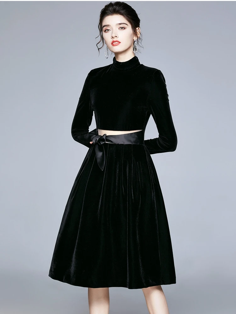 

Runway High Quality Bow Slim Waist Mesh Patchwork Sexy Velvet Dress Stand Neck Long Sleeve Party Women's Dresses
