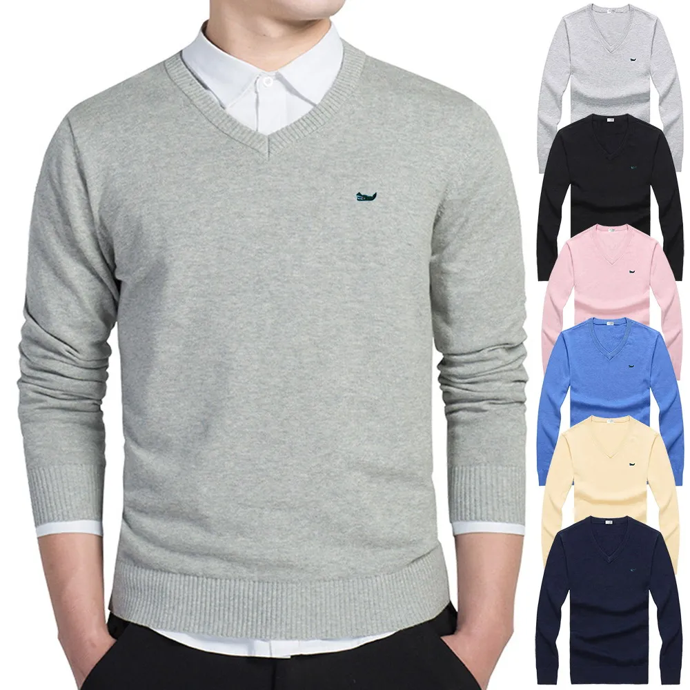 

100%Cotton 2021 New Cotton Pullover V-neck Men's Sweater Fashion Solid Color High Quality Winter Slim Sweaters Men Navy Knitwear