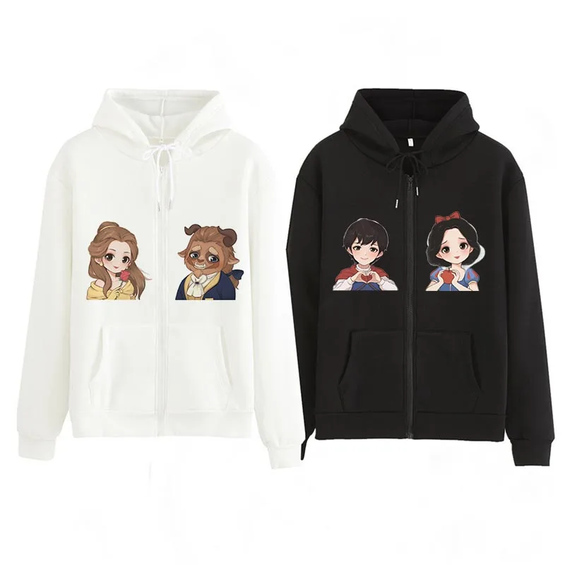 

Winter All-match Casual Women Jacket Zipper Hoodie Black Disney Princess Prince Cartoon Kawaii Print Long-sleeve Coat Streetwear