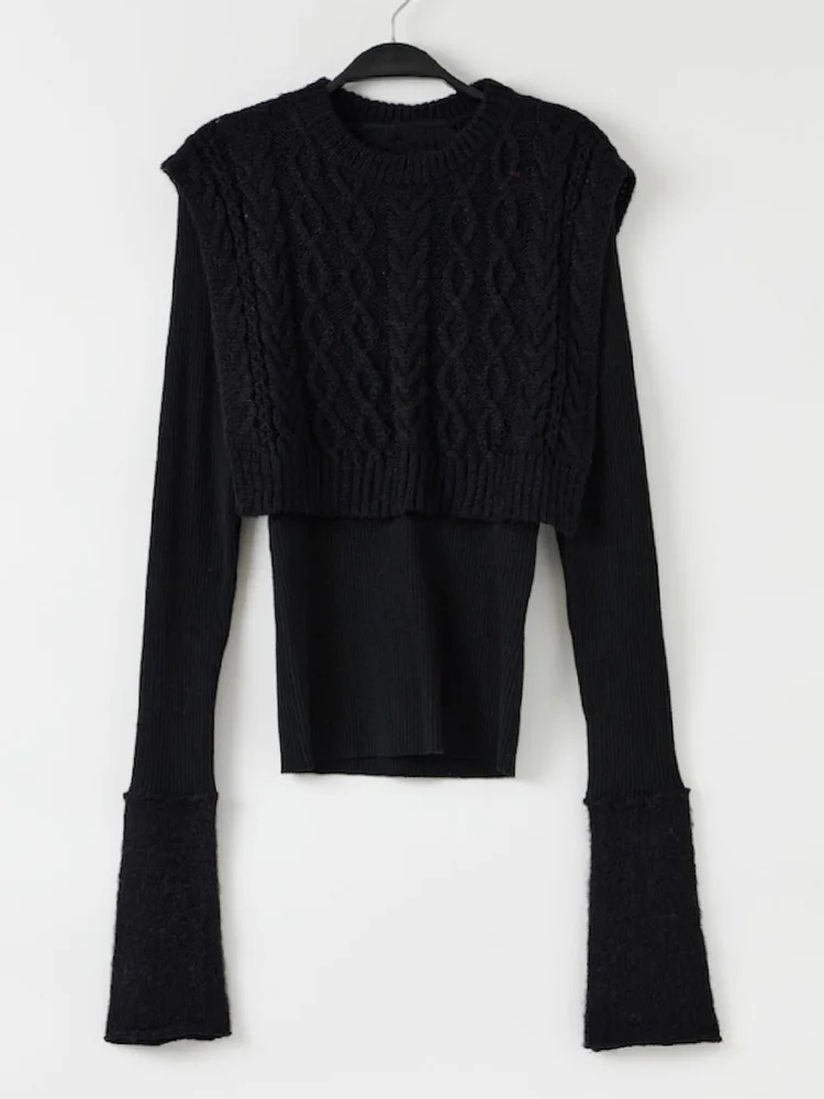 

Pure Color Knitted Sweater Short Vest Two-piece Suit Ladies Autumn New Style + Round Neck Long Sleeve Sleeve Back Pullover