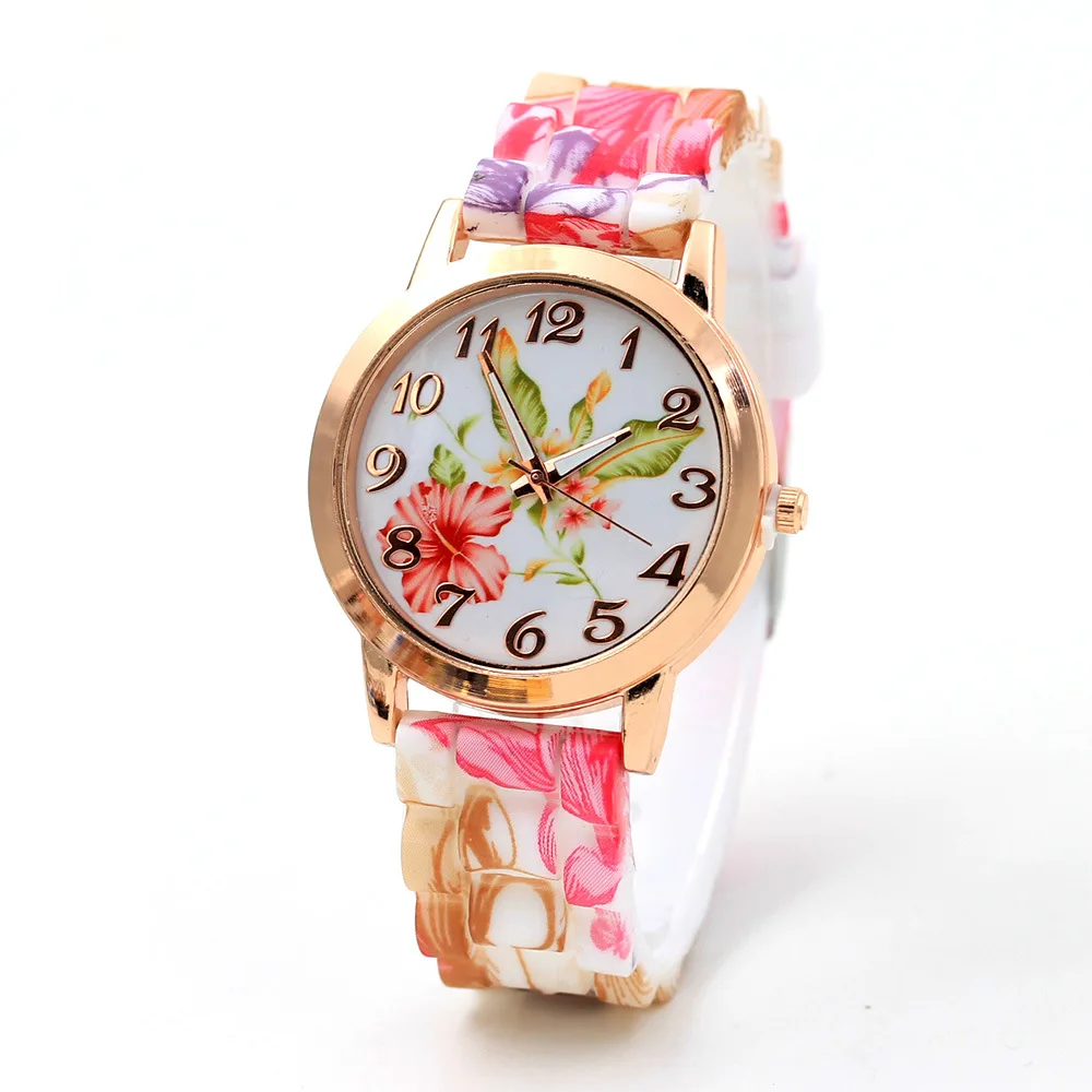

2023 Fashion Quartz Watch Rose Flower Print Luxury Silicone Watches Women Clocks Girls Floral Jelly Wristwatches zegarek damski