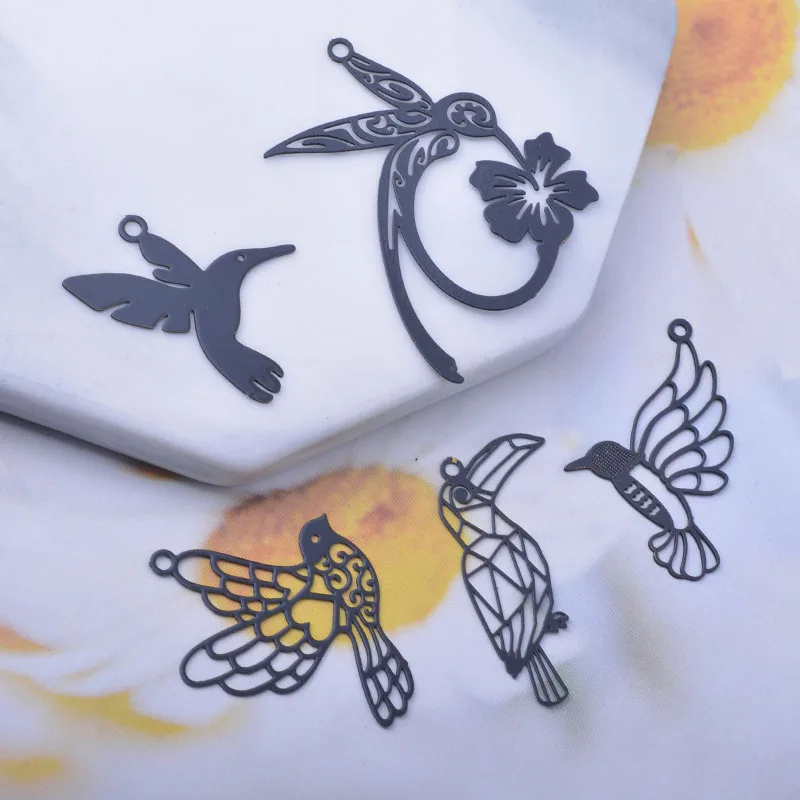 

12pcs Brass Jewelry Making Laser Tute Black White Animal Hummingbird Pigeon Charms DIY Pendant Findings