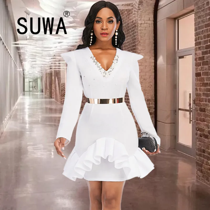 

Белое рождественское платье с оборками и бусинами, соблазнительное вечернее облегающее платье с V-образным вырезом и длинными рукавами для ...