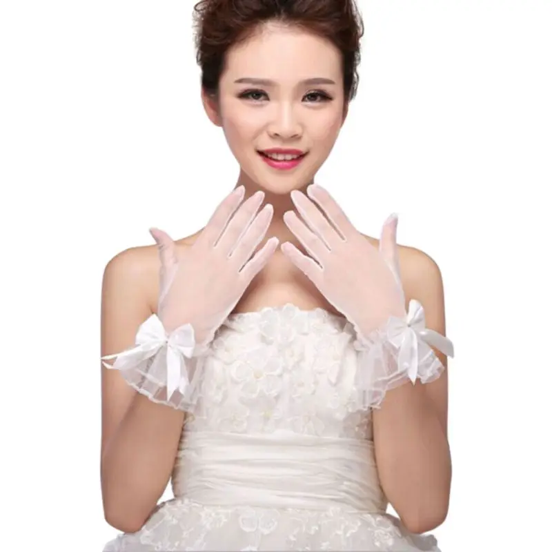 

New Women White Wedding Bridal Short Gloves Full Finger See Through Ribbon Bowknot Decor Wrist Length Costume Prom Party Solid