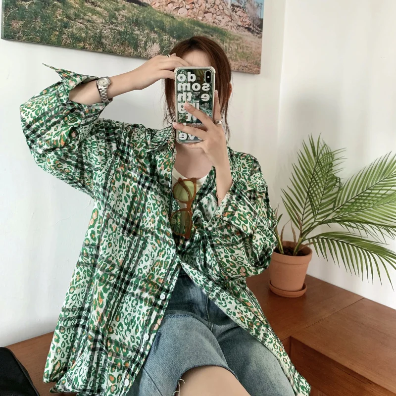 

Женская свободная рубашка с длинным рукавом, с леопардовым принтом