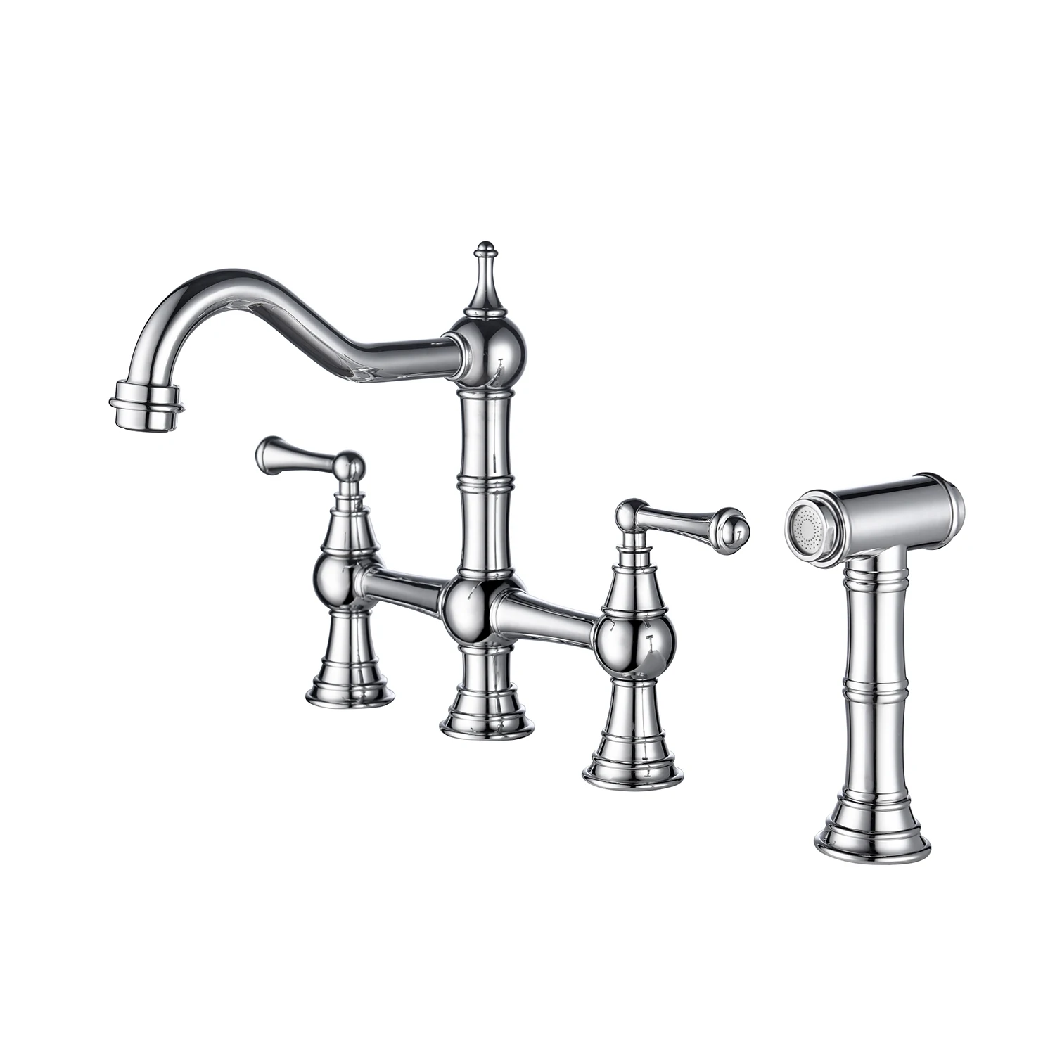 

Kitchen Sink Faucet with Pull-Out Side Spray Modern&Chic Bridge Shaped Double Handle Rotary Nozzle Solid Basin Faucet[US-Stock]