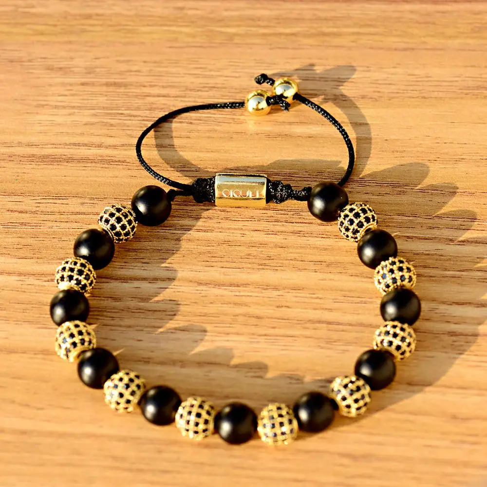 

2020 Luxury Fashion Beaded Bracelet Black Natural Stone Beads Golden Color Round Zircon Beaded Adjustable Bracelet 2020 Gift