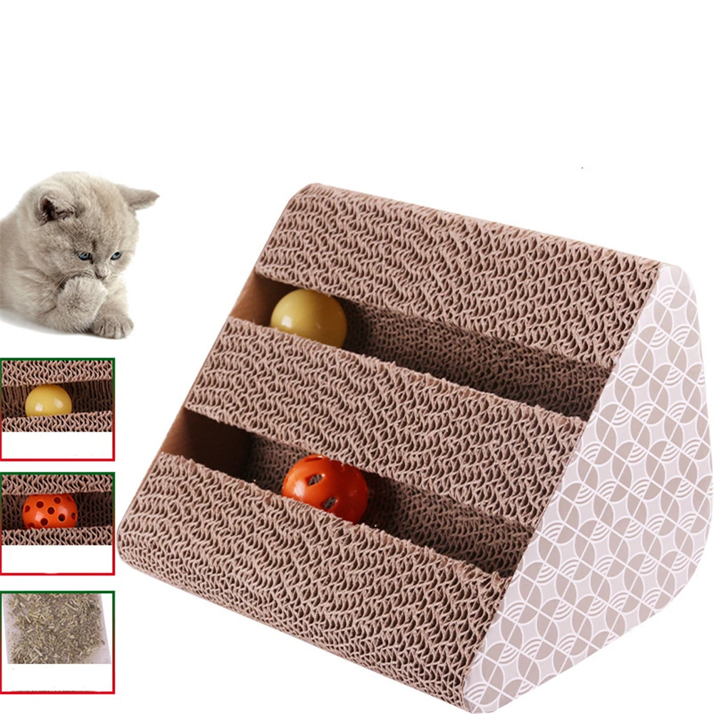 

Triangular Corrugated Paper Cat Scratching Board with Bell Ball Teaser Cats Toy Kitten Interactive Scratcher Grinding Claw Toy