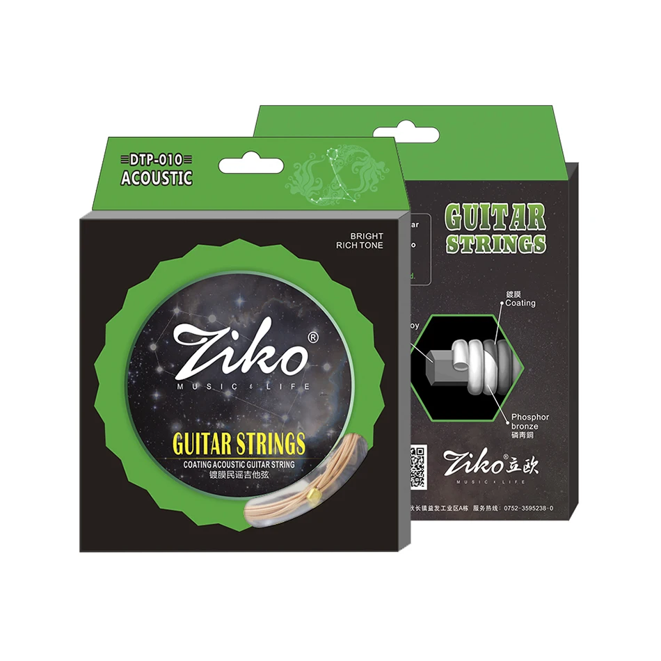 ZIKO DTP ФОСФОРНЫЕ бронзовые для акустической гитары струны 010-048 011-050 012-053 шестиугольный титановый сплав однокорпусный дизайн