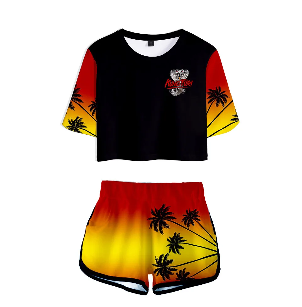 

Ladies suit Cobra Kai 3D Tracksuits The Karate Kid Two Piece Set Sexy Short Top+Middle Waist Shorts Lady Fitness Sport suit Girl