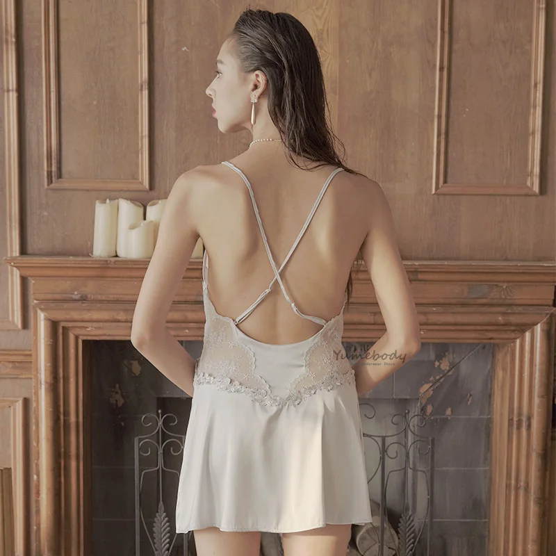 

White Blue Nightgowns Luxury Sexy Split Suspenders Nightdress Elegant Female Sleepwear Beauty Back Lace Silky Dress with Panty