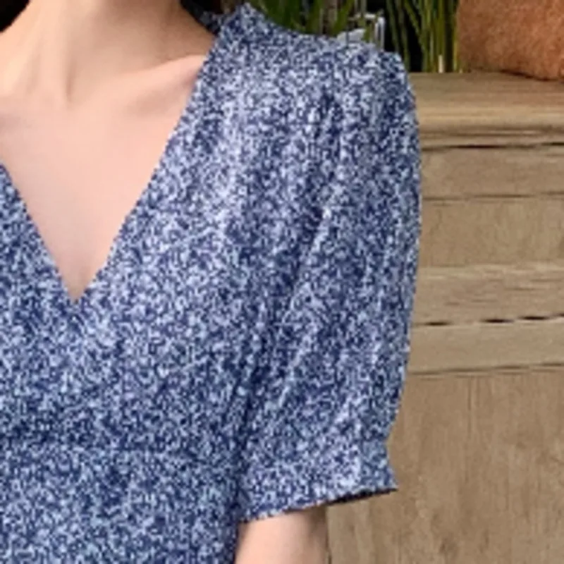 

Elegant Floral Robe Women Vintage Temperament Cuaual High Waist Mini Dress Chiffon V-neck Party Beach Summer Dresses Vestidos