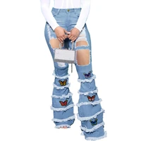 womens jeans ripped jeans autumn fashion butterfly tassel stretch waist long pants urban casual bell bottom pants high street