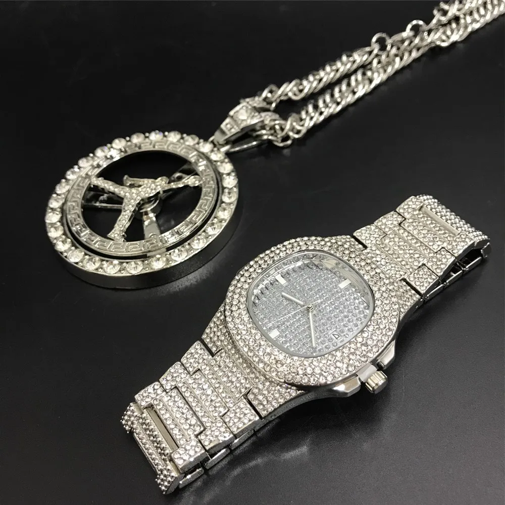 Роскошные мужские часы и набор из ожерелья Hip Hop цепи Ice Out кубинские ювелирные изделия стильные для.
