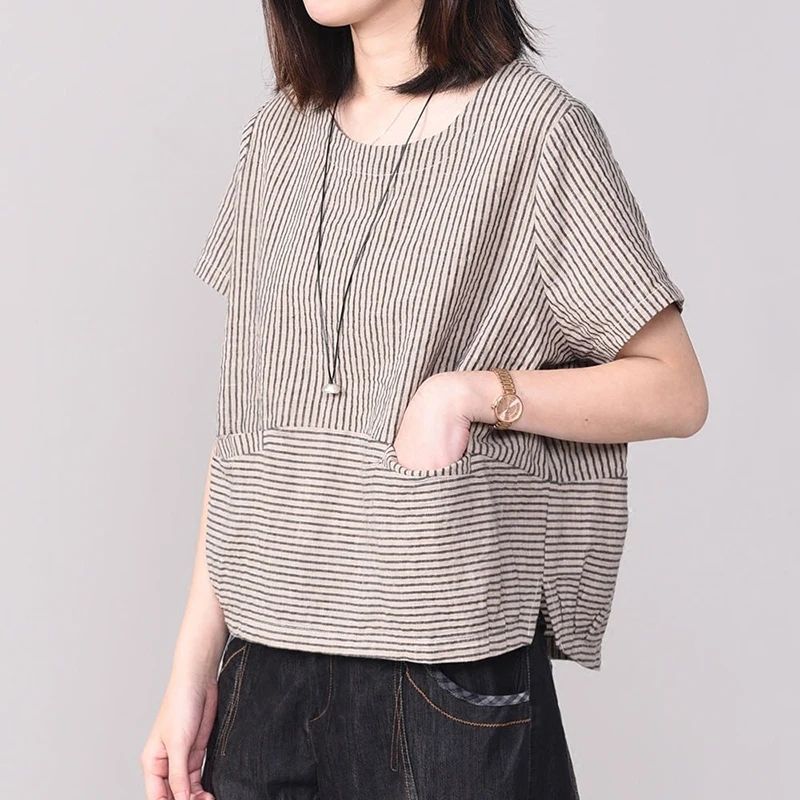 

Summer Cotton Linen Striped Casual Tee Shirt Female Tops New Arts Style Women Short Sleeve Loose O-neck T-shirt Plus Size Simple