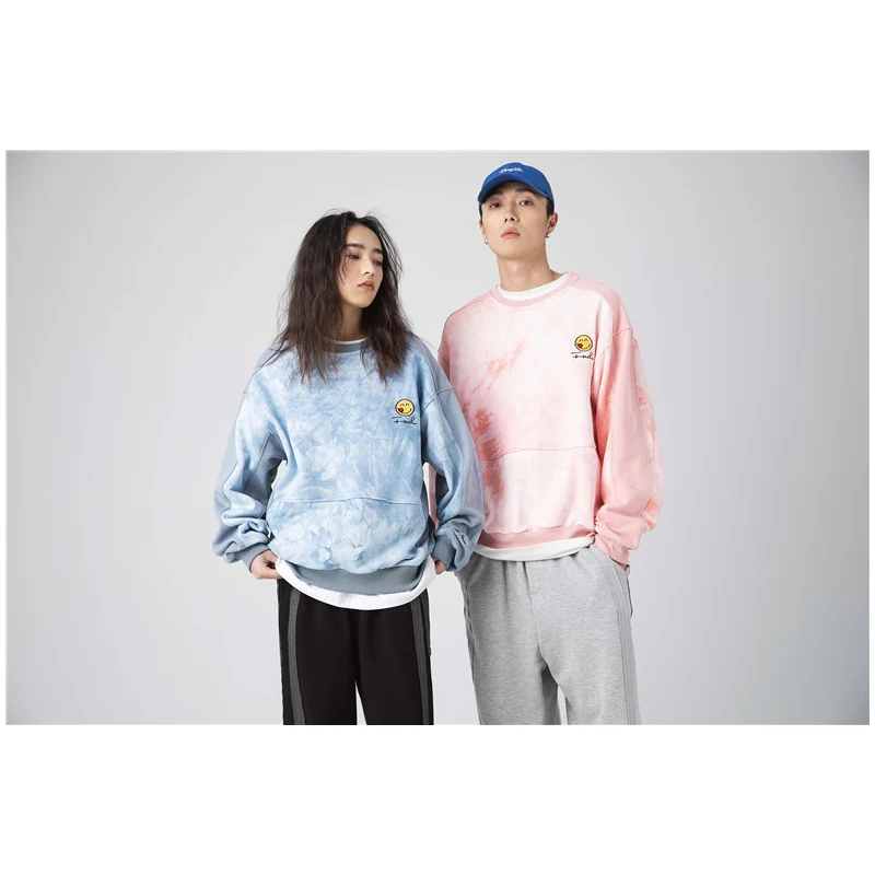 

2021Tie Dye Smiley Letter Embroidery Sweatshirt Men O-Neck Spring Autumn Hipster Hip Hop Pullover Youth Couple Streetwear New