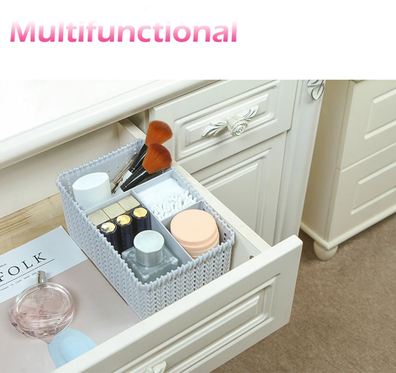 Rattan Cosmetic Storage Box Plastic Makeup Organizer Home Office Desk Storage Brush Holder Case Sundries Basket Object Container