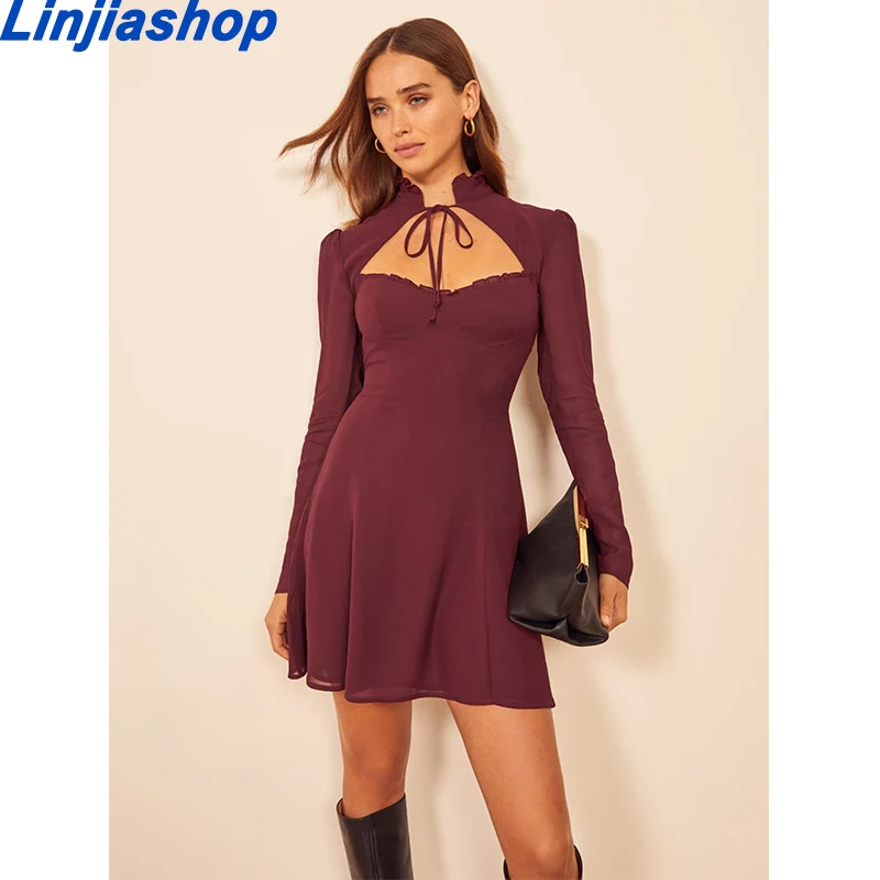 

2021 Summer Women Chic Fashion With Bow collar Elastic sexy Mini Dress Vintage Puff Sleeve Female Red Dresses Vestidos