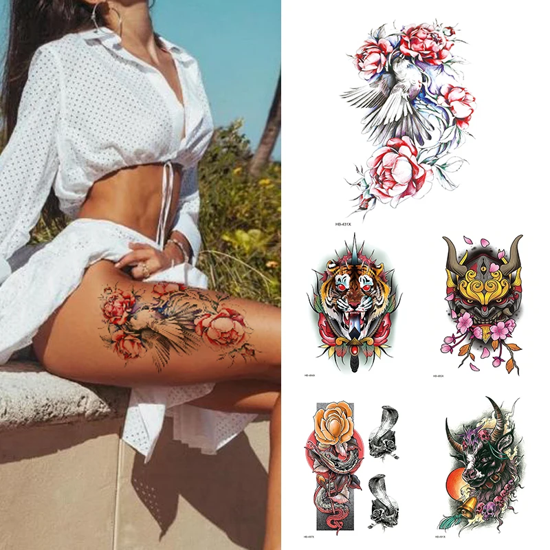 

1Sheet Rose Flower Tiger Water Transfer Tattoo Stickers,Women Body Art Temporary Tattoos,Girl Back Breast Tatoos