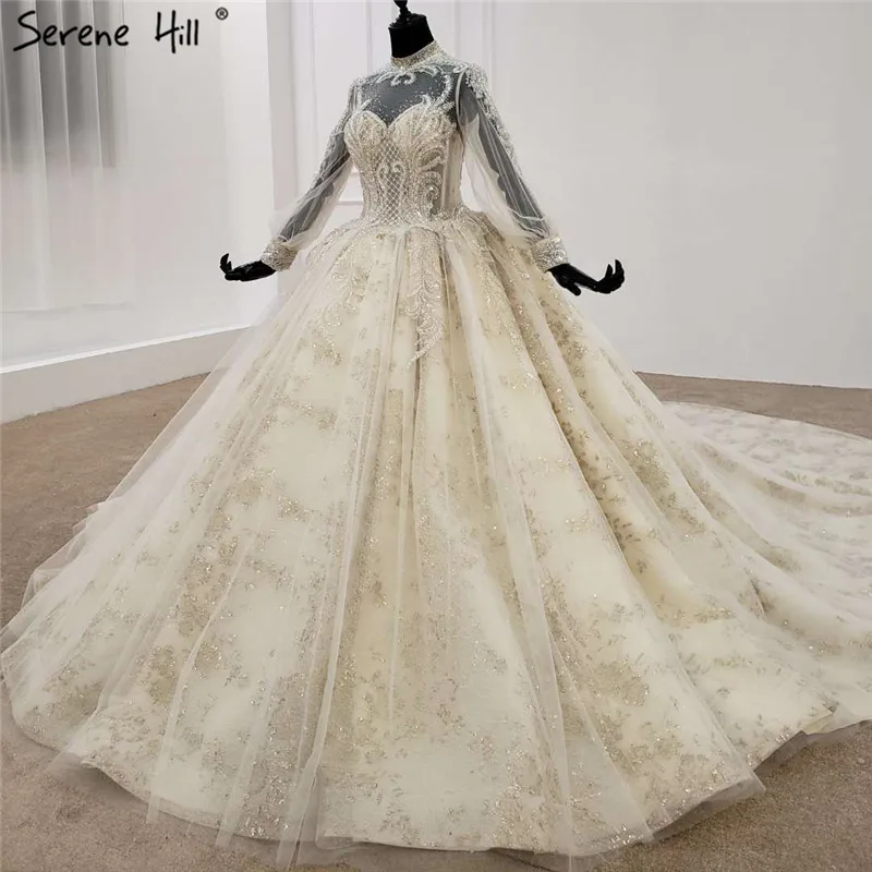 Роскошное Свадебное платье с высоким воротом 2021 расшитое бисером блестками