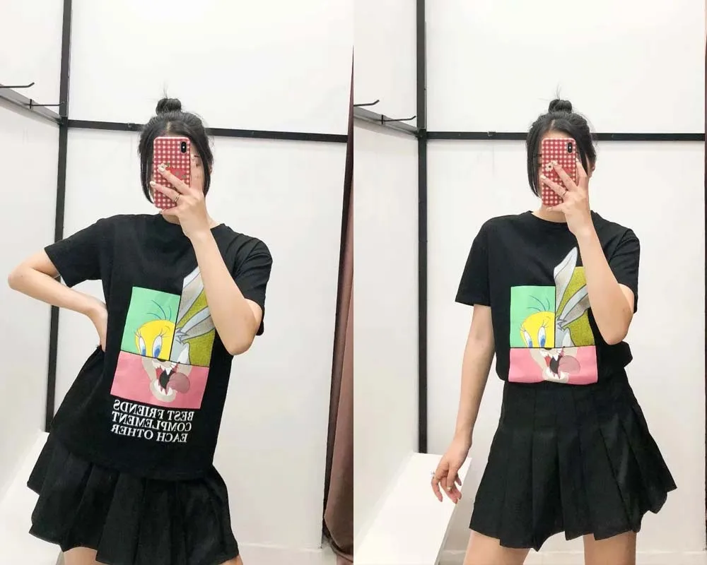 Летняя модная футболка Женская harajuku Корейская одежда уличная мультяшная девочка принт хлопок с круглым вырезом Футболка Топы Большие размеры