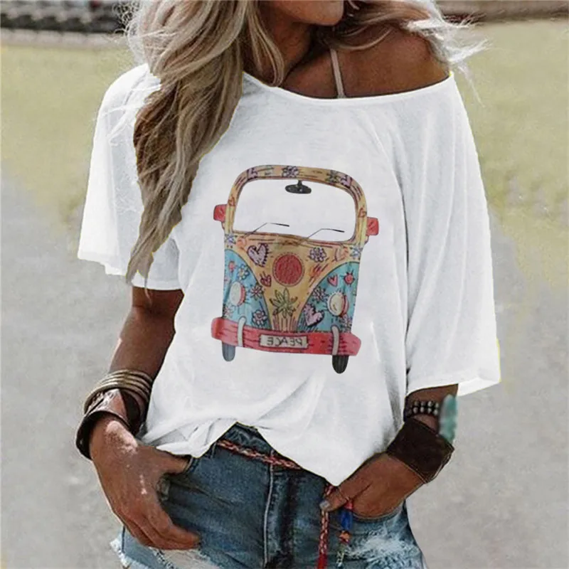 Женская футболка с открытыми плечами свободная повседневная принтом лето