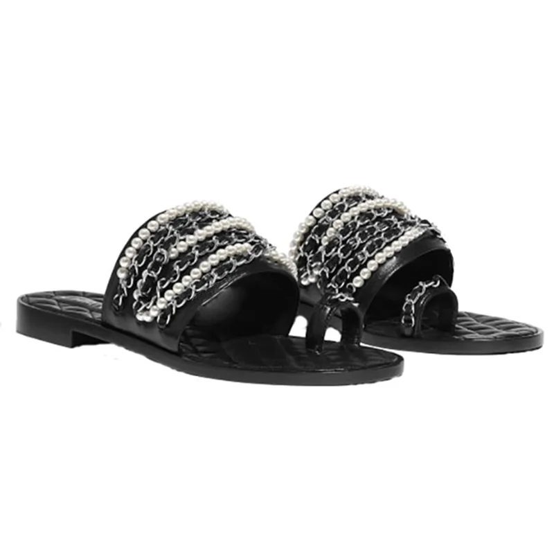 Женские шлепанцы с жемчужной цепочкой сандалии на плоской подошве и стильные