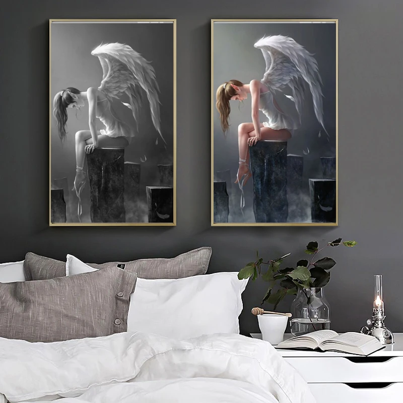 WANGART большой размер современные Крылья Ангела черно белый аниме постер Картина