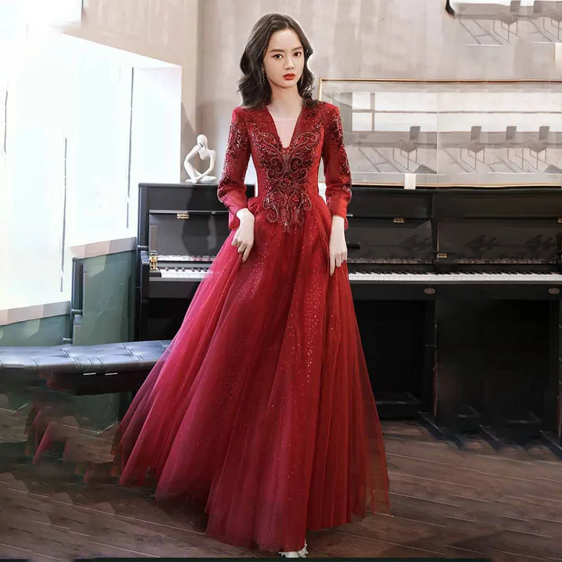 Женское вечернее платье с блестками, ТРАПЕЦИЕВИДНОЕ фатиновое платье до пола с глубоким V-образным вырезом, длинными рукавами и роскошной аппликацией, A1992