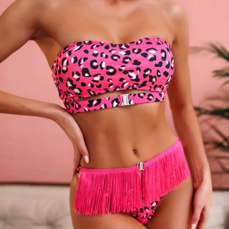 

Sexy bikini push up bandeau swimwear 2020 female Leopard print swimsuit women tassel bathing suit bathers bodysuit buquini Mujer