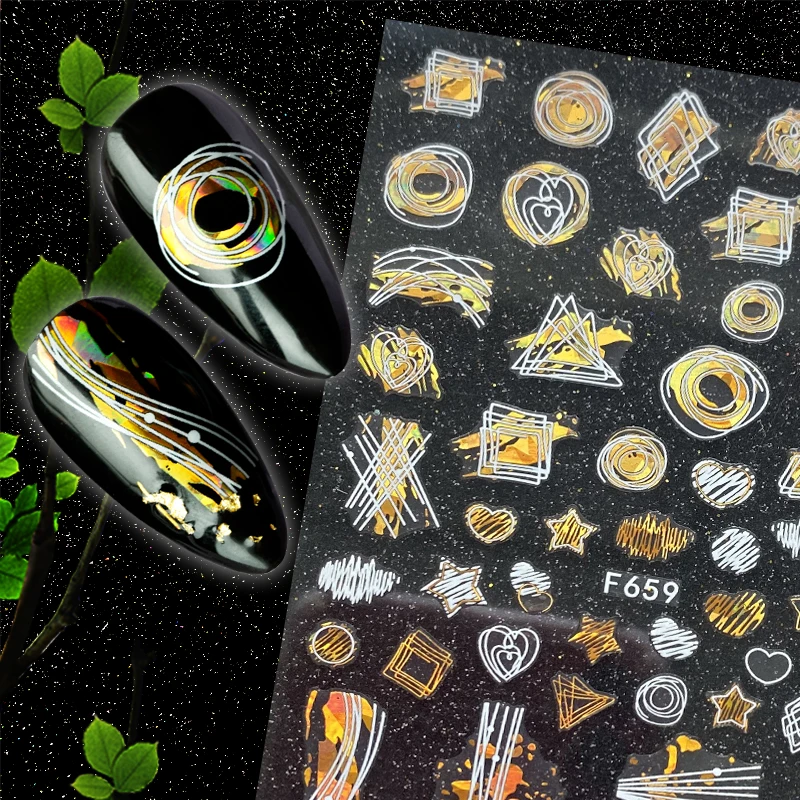 

4pcs Summer Nail Art Stickers Holographics Laser Leaves Geometric 3D Adhesive Slider Nail Decoration Gold Black White Foil Set