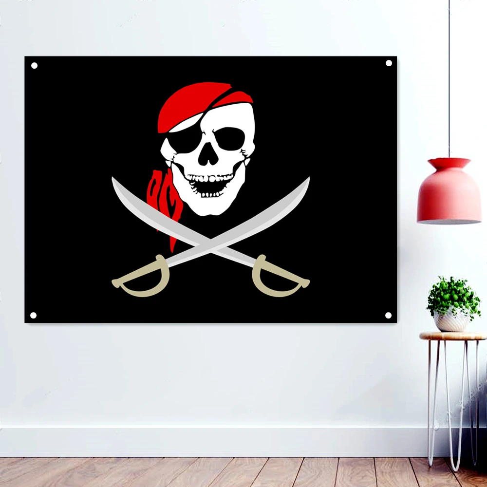 

Skull and Cross Crossbones Sabres Swords Banner Wall Art Jolly Roger Pirate Flag With 4 Grommets Vintage Wall Hanging Home Decor