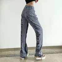 womans jeans gothic womens y2k loose fashion dark letter print casual denim wide leg pants splicing blueblack straight pants
