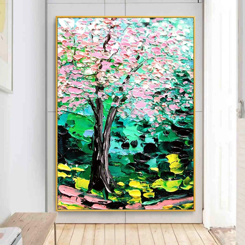 

Hand-Painted 3D Abstract Pink Cherry Blossoms Flowers Tree Oil Painting on Canvas Living Room Home Hanging Wall Decor No Framed