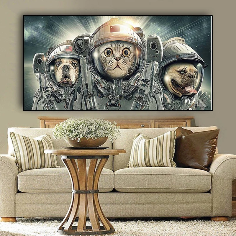 

Animal Astronauts In Space Creative Cat and Dog Canvas Painting Posters and Prints Cuadros Wall Art Pictures for Living Room