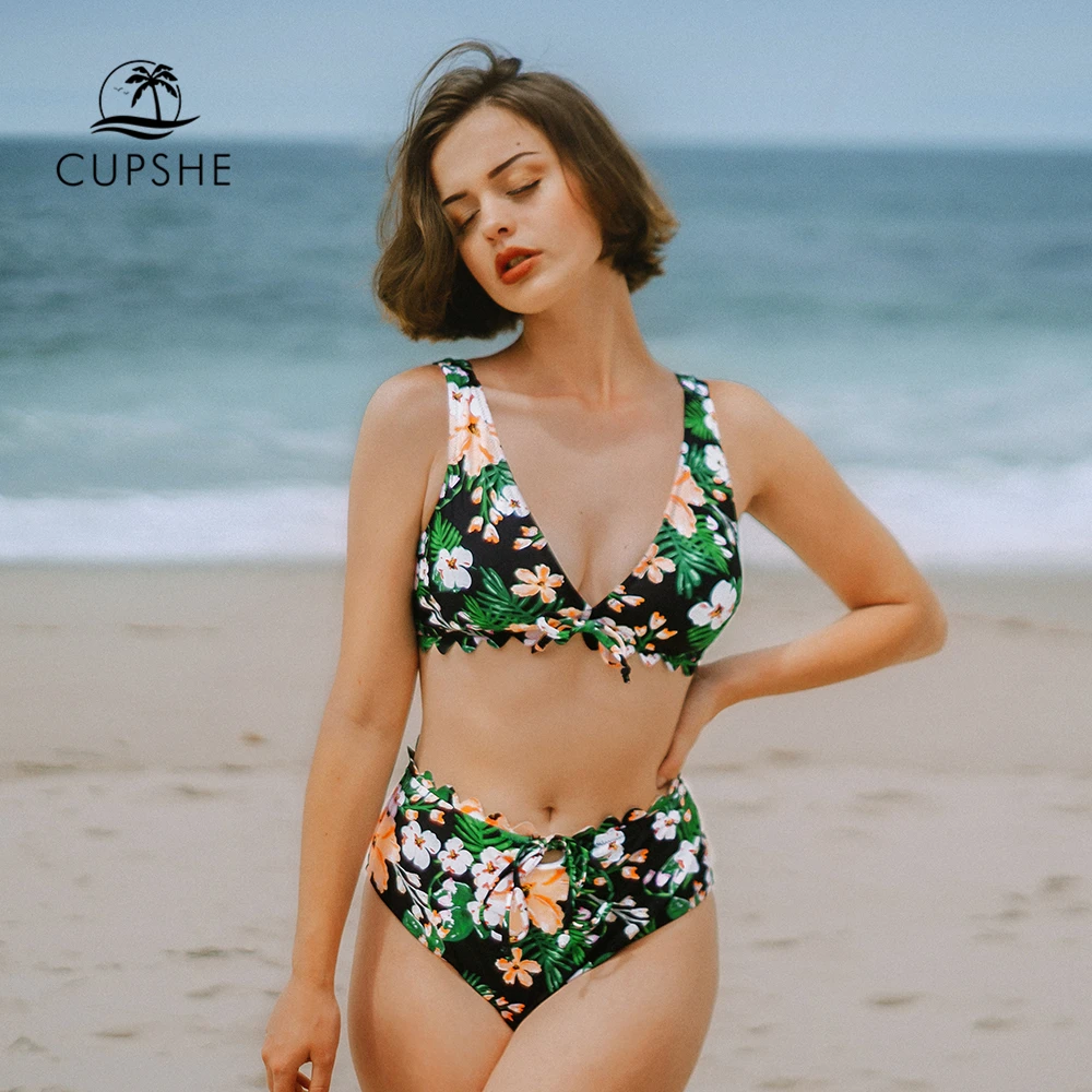 CUPSHE цветочный принт волнистый край высокая талия Наборы бикини сексуальный