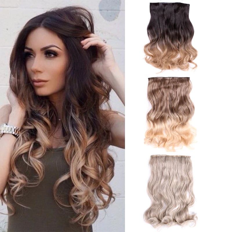 

5 Clips In Hair Extension Natural Curly Clip In One Piece Fake Hairpieces Ombre Brown Blonde Long Wavy Synthetic Hair for Women