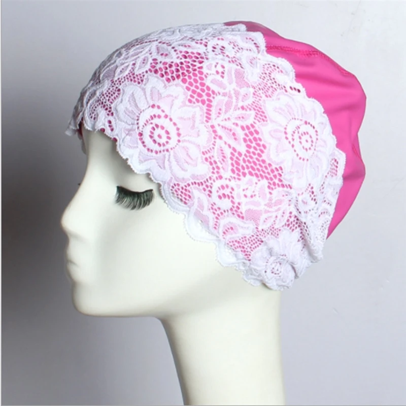 

Women Swimming Cap Bathing Swiming Hat Lace Flower Waterproof PU Coating Fabric Swim Pool Caps Protect Long Hair Ears for Women