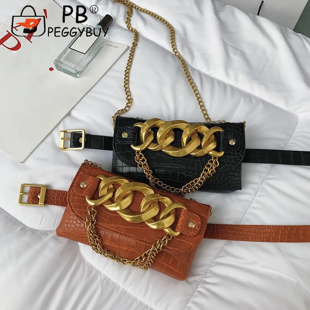 

Модная женская поясная сумка с крокодиловым узором и толстой цепочкой, портативные однотонные сумки через плечо из искусственной кожи