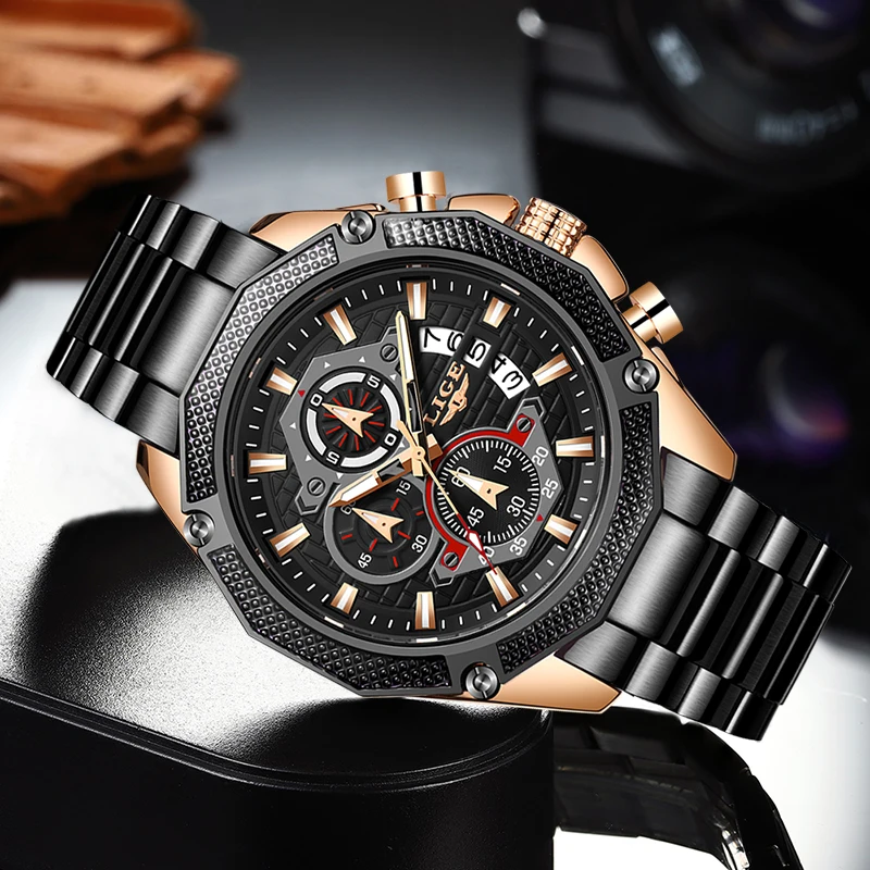 Часы наручные LIGE Мужские кварцевые брендовые Роскошные спортивные