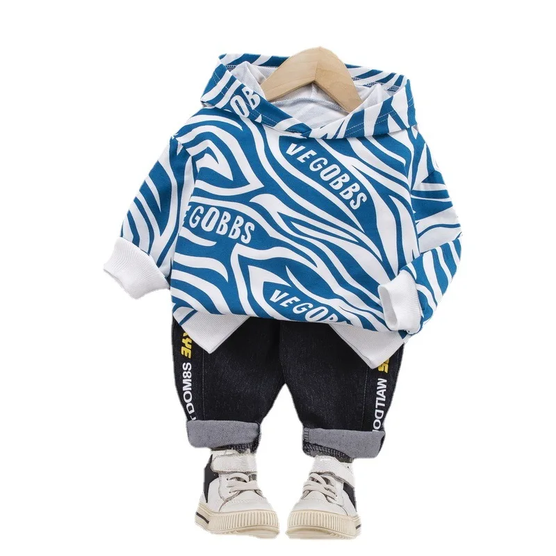 

2021new Spring Autumn Kids Girl Suits Baby Girl Ripple Printing Hooded Hoodies Tops + Denim Pants Boys Casual Clothing 2Pcs Sets