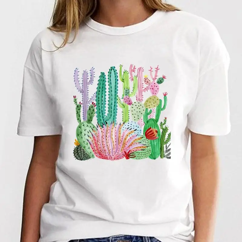 

Женская футболка с коротким рукавом, принтом кактуса и растений