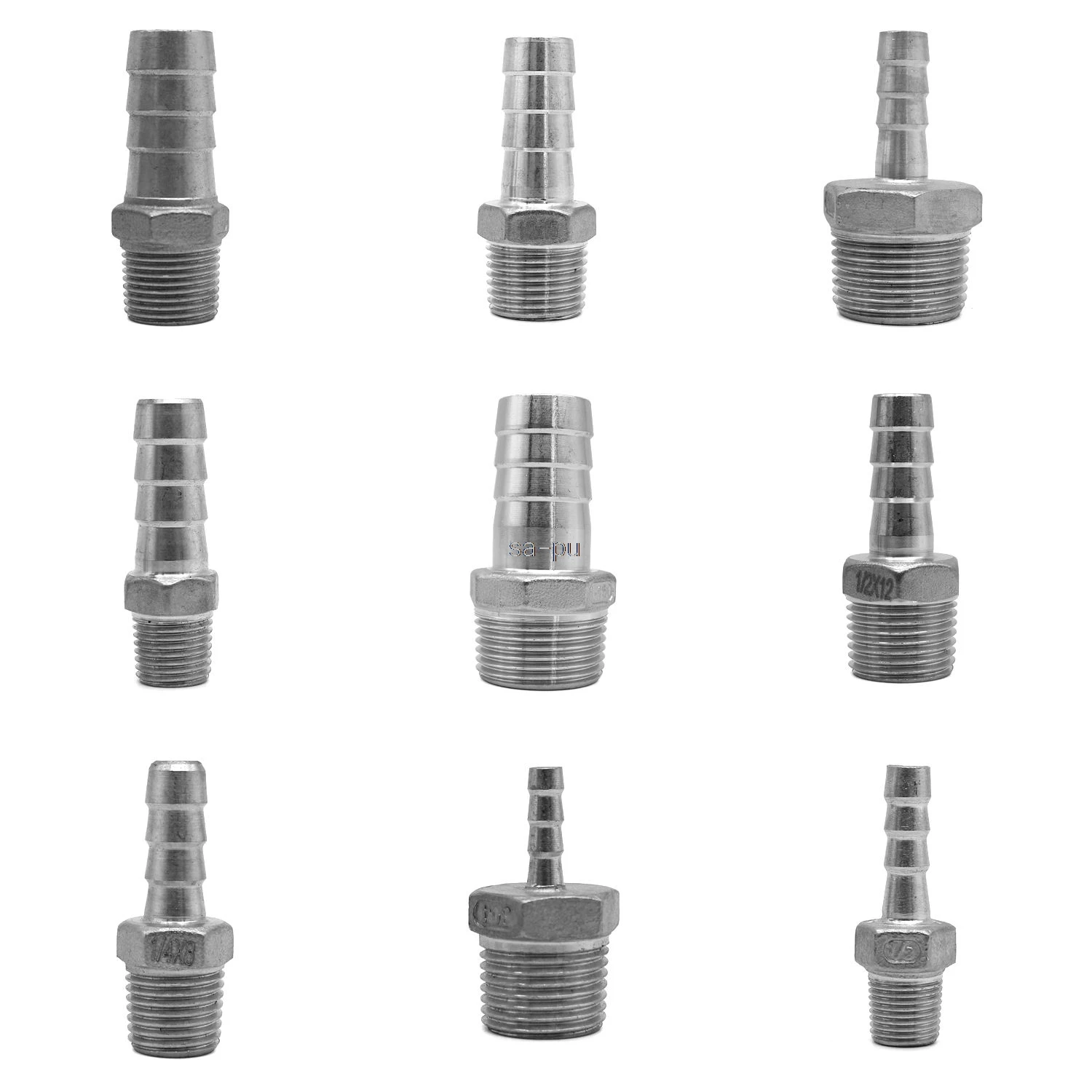 

304 Stainless Steel 1/8" 1/4" 3/8" 1/2" 3/4" 2" BSP Male Thread Pipe Fitting x 6mm-50mm Barb Hose Tail Pagoda Coupling Connector