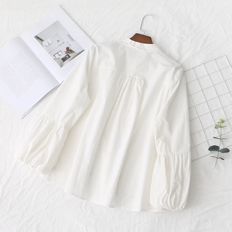 2019 новые летние белые рубашки Женщины блузка свободные 100% хлопок фонарь рукавами