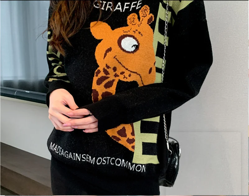 

Autumn Winter Korean Version O-neck Giraffe Jacquard Sweater Female Student Knit Jacket Basic Sweaters Women Streetwear