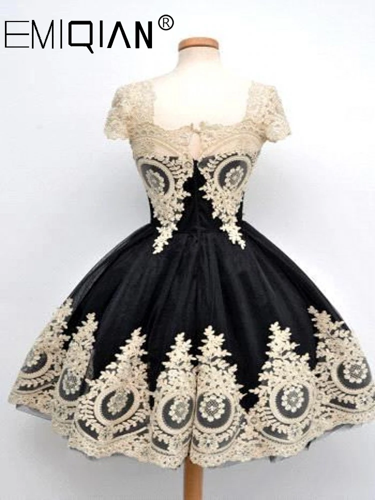 Коктейльное платье короткое для выпускного вечера с золотым кружевом реальные